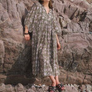 House of Sundar Maya Midi Dress Womens Medium Green Floral Cotton Boho